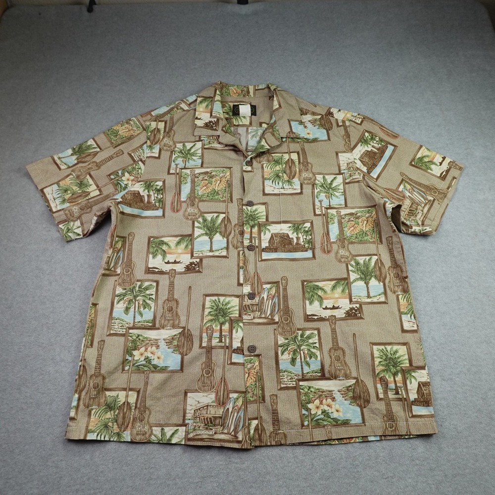 Hawaiian Reserve Collection Shirt Mens Large Brown Ukuleles Aloha Button Up